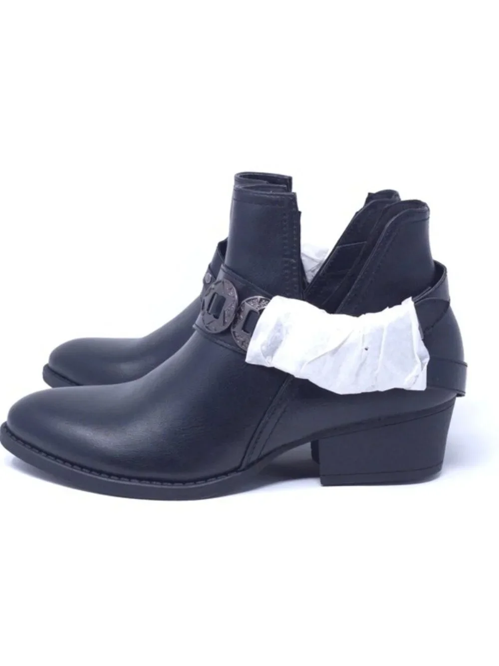 GC Shoes Buckle Wrap V-Cut Black Low Heel Ankle Booties M6.5